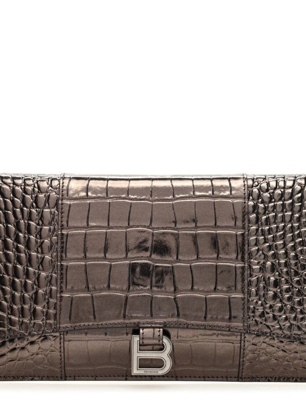 Balenciaga Shiny Calfskin Crocodile Embossed Hourglass Flap Flat Pouch Drk Brown